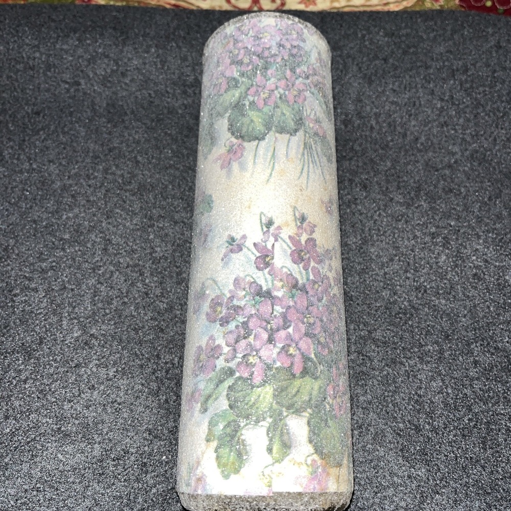 Vintage Frosted Glass Candle , Glitter , Violets , Unburnt, 9"